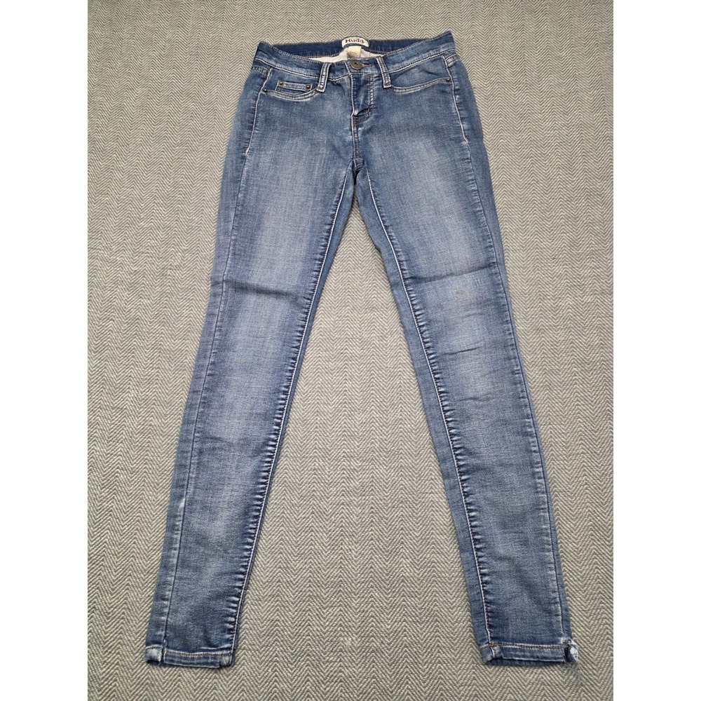 Mudd Women Size 0 Blue Medium Wash Low Rise Skinny Jeans Stretch Denim Whiskered